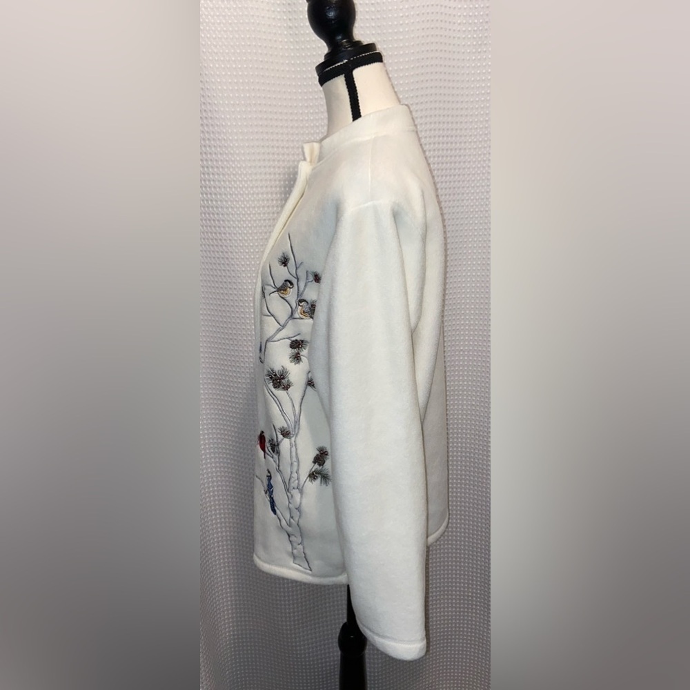 CLASSIC EDITIONS cream Fleece birds embroidery Vintage Cardigan sz medium - Picture 5 of 9